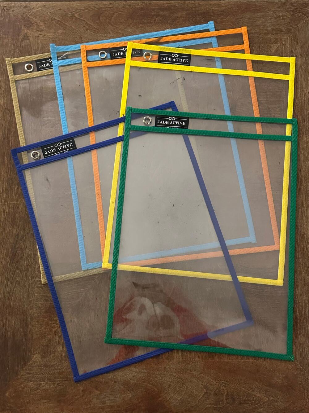 Set of 6 Dry Erase Pockets – Mixed Colors – Used – Reusable Classroom Sleeves